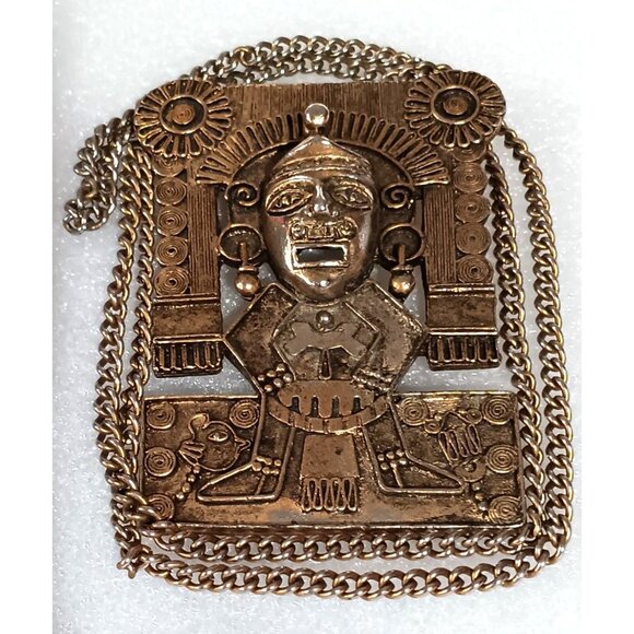 Vintage Gold-Toned Aztec-Inspired Statement Necklace With Intricate Pendant & Ch - Picture 1 of 5